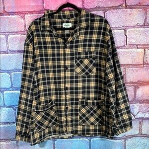 GLOBAL Large Plaid Cotton Flannel Shirt Sleepwear Pajama Top Lounge Vintage Tan
